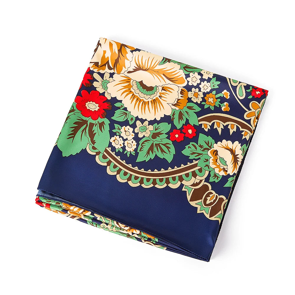 Bohemian Floral Silk Scarf – 130cm Luxury Twill Square Shawl