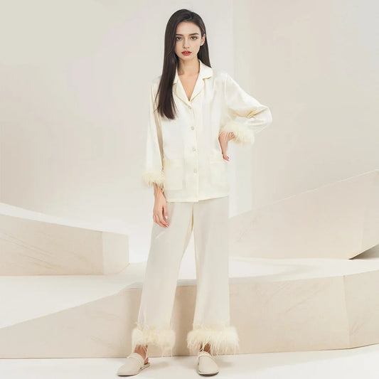 Silk Pajama Set – Feather Trimmed Luxe