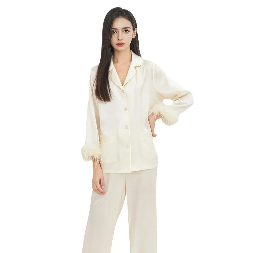 Silk Pajama Set – Feather Trimmed Luxe