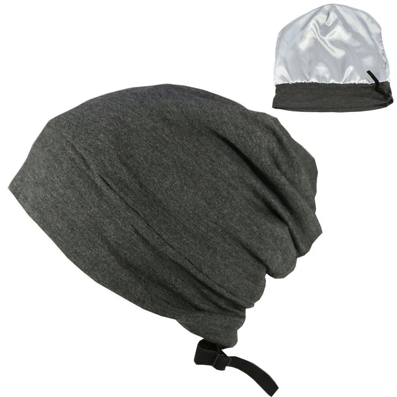 Dark grey satin lined bamboo beanie – unisex sleep cap for smooth, frizz-free hair.