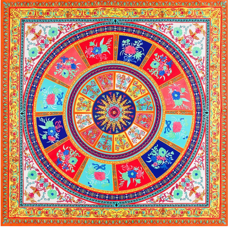 Red & turquoise bohemian twill silk scarf with vibrant circular mandala pattern.