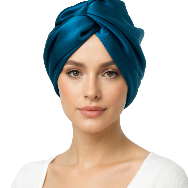 Double Layer 100% Silk Night Bonnet – Peacock Blue