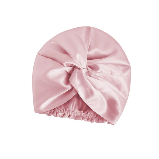 Blush pink double-layer 100% mulberry silk sleep cap by Silkvana – anti-frizz bonnet for curly and natural hair, moisture-retaining nightcap.
