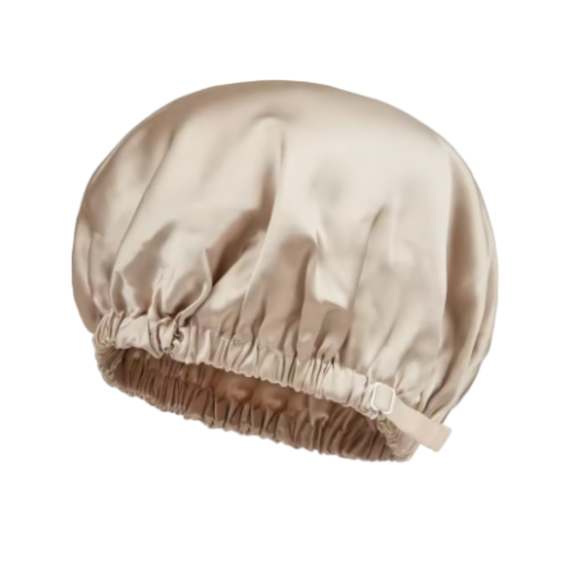 Champagne satin bonnet for frizz control – adjustable double-layer sleep cap by Silkvana