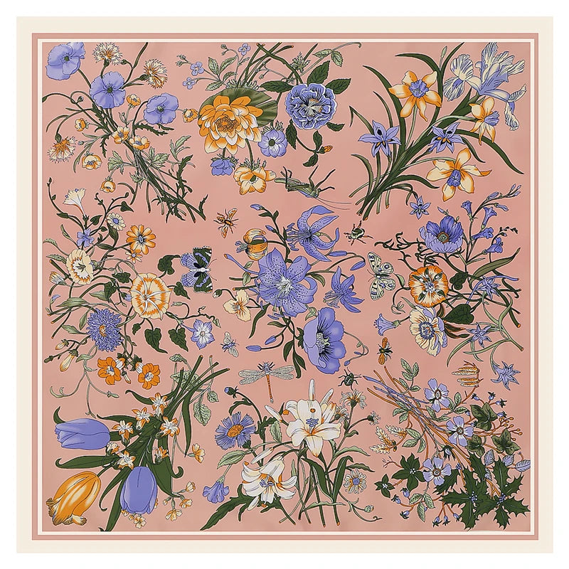 Luxury 130cm Floral Twill Silk Scarf – Elegant Square Shawl for Women