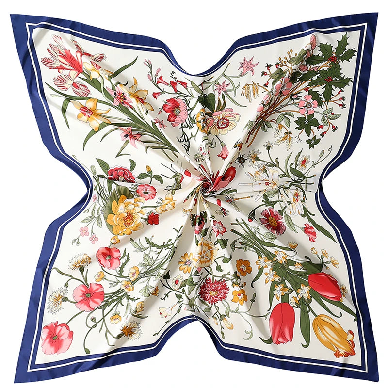 Luxury 130cm Floral Twill Silk Scarf – Elegant Square Shawl for Women