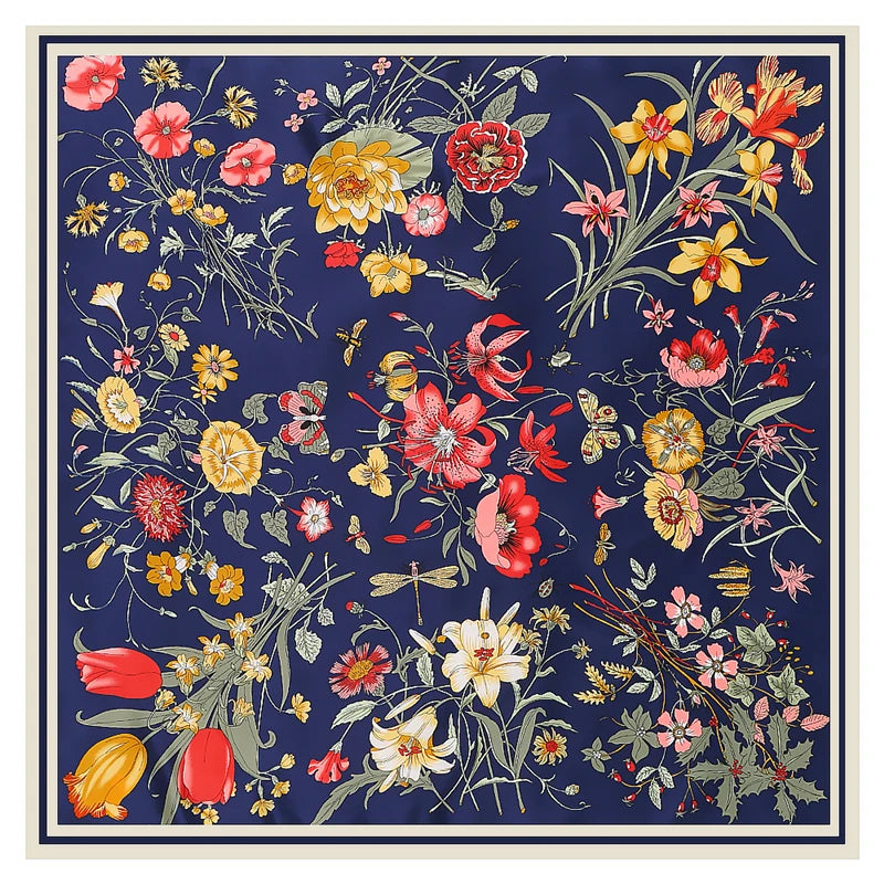 Luxury 130cm Floral Twill Silk Scarf – Elegant Square Shawl for Women