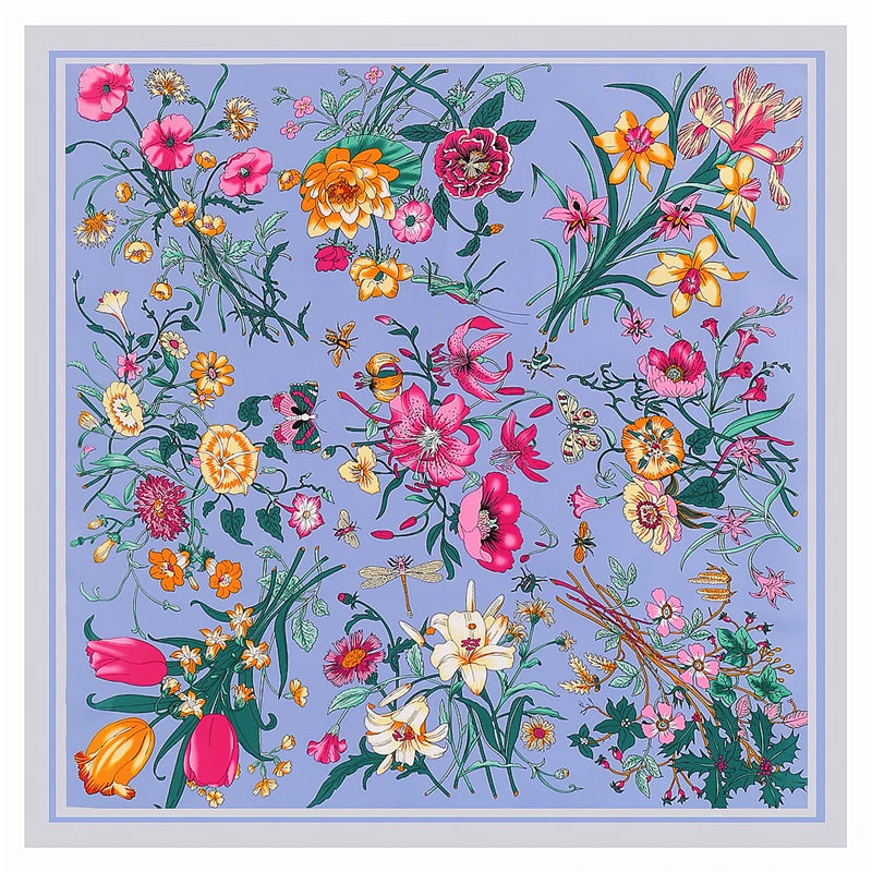 Luxury 130cm Floral Twill Silk Scarf – Elegant Square Shawl for Women