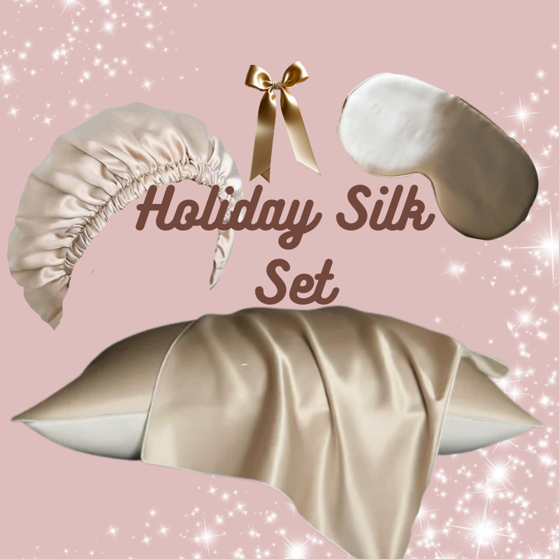 Champagne Mulberry Silk Holiday Sleep Gift Set with pillowcase, bonnet and sleep mask – Silkvana