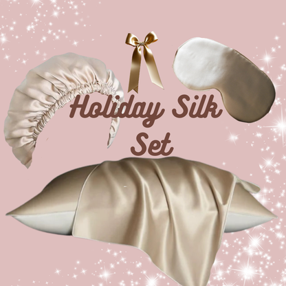 Champagne Mulberry Silk Holiday Sleep Gift Set with pillowcase, bonnet and sleep mask – Silkvana