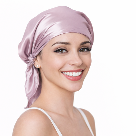 Woman wearing a pink silk headscarf on a white background