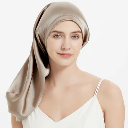 Long 19 momme mulberry silk bonnet with adjustable elastic band