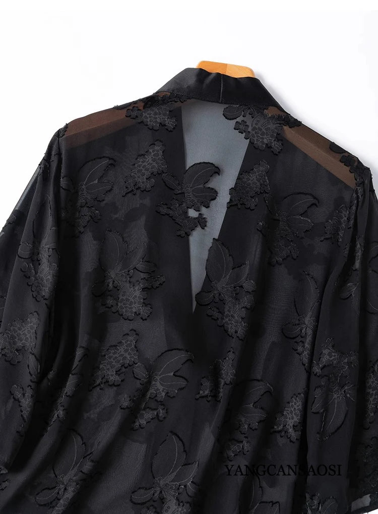 Silk Kimono – Black Jacquard Elegance