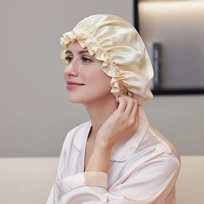 Natural silk hair bonnet with smooth friction-reducing surface
