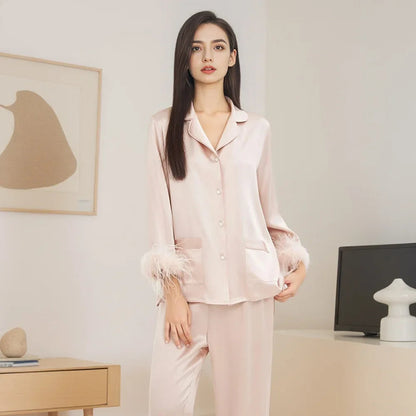 Silk Pajama Set – Feather Trimmed Luxe