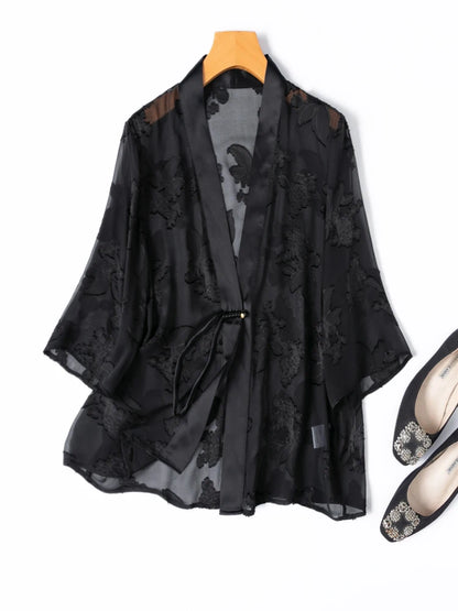 Silk Kimono – Black Jacquard Elegance