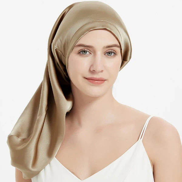 Long 19 momme mulberry silk bonnet with adjustable elastic band