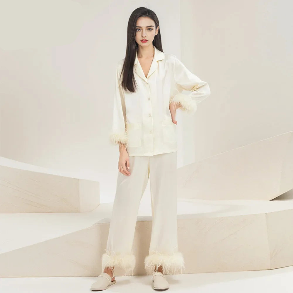 Silk Pajama Set – Feather Trimmed Luxe