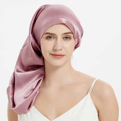 Long 19 momme mulberry silk bonnet with adjustable elastic band