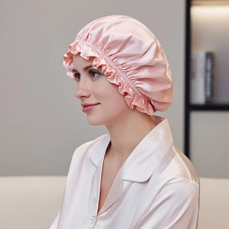 Natural silk hair bonnet with smooth friction-reducing surface