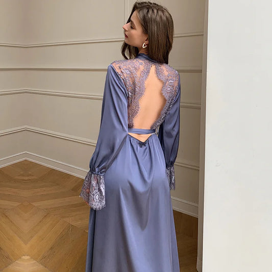 Satin Nightgown – Backless with Lace