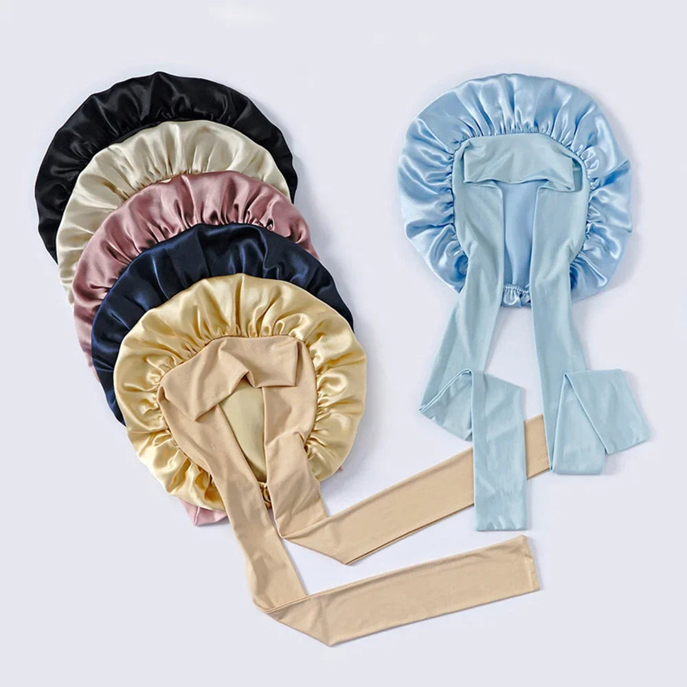 Pure mulberry silk sleeping bonnet designed to protect curly and textured hair overnight