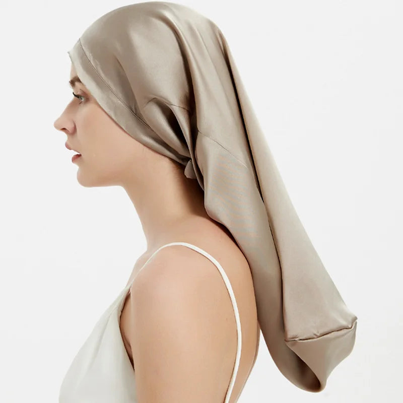 Long 19 momme mulberry silk bonnet with adjustable elastic band