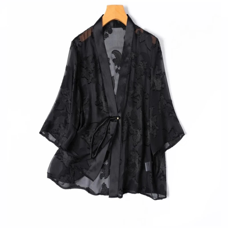Silk Kimono – Black Jacquard Elegance