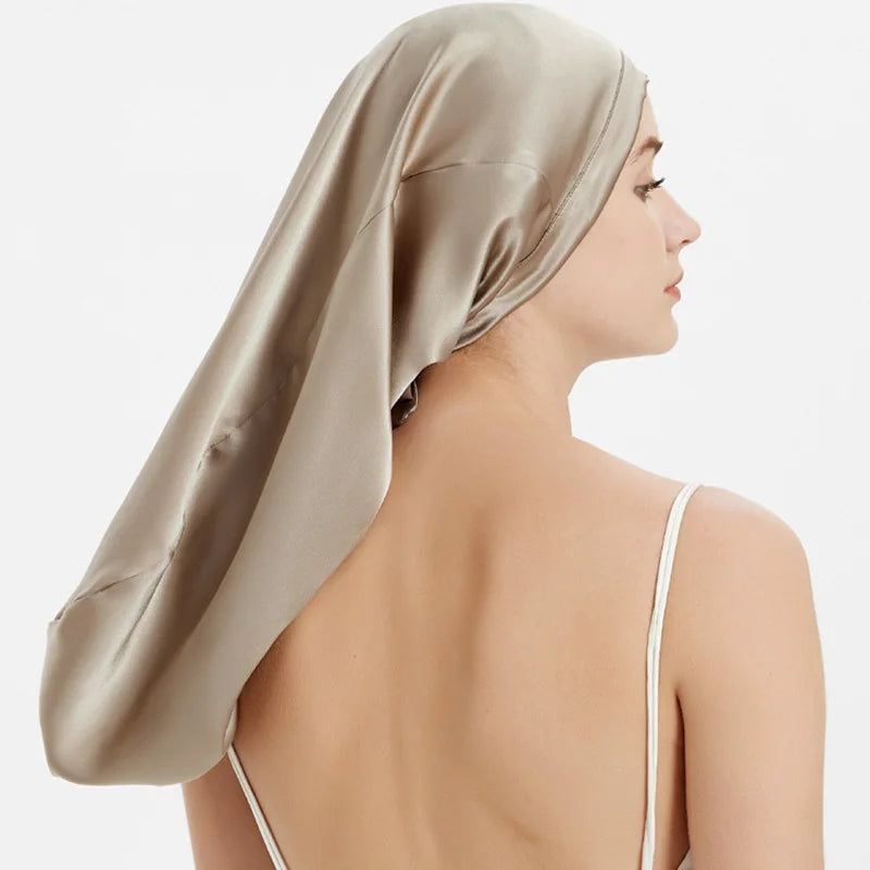 Long 19 momme mulberry silk bonnet with adjustable elastic band