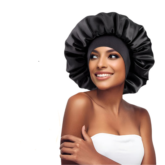 Woman wearing a black satin bonnet with a close-up of the bonnet on a white background.