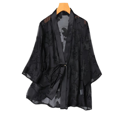 Silk Kimono – Black Jacquard Elegance