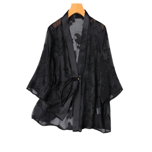 Silk Kimono – Black Jacquard Elegance