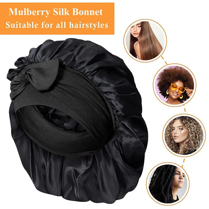 Pure mulberry silk sleeping bonnet designed to protect curly and textured hair overnight
