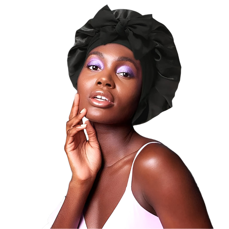 Black silk bonnet ideal for curly or textured hair