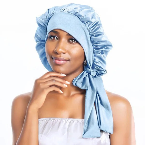 Blue silk bonnet offering hydration and protection for hair