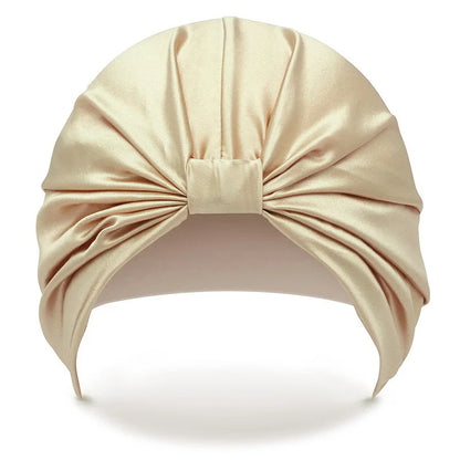 Black silk bonnet for hair – elegant overnight sleeping cap designed to protect long hair and reduce friction while you sleep