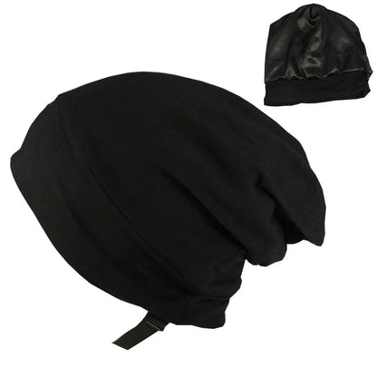Elegant black satin lined beanie – unisex bamboo sleep hat for hair protection and comfort.