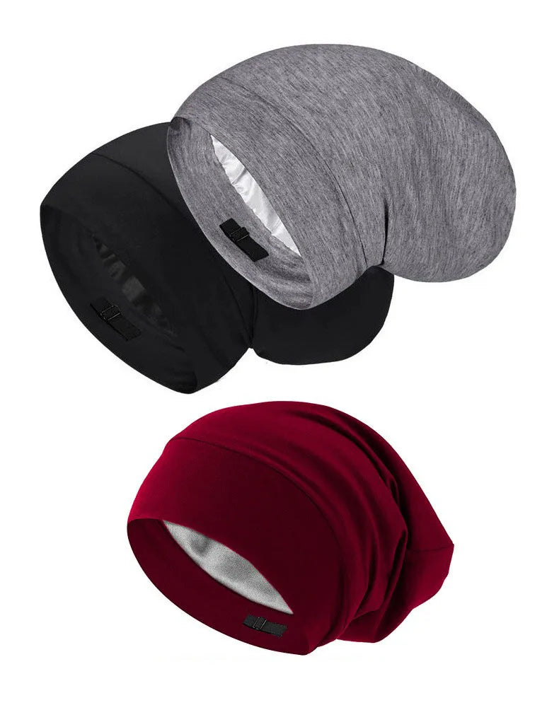Set of satin lined bamboo beanies in black, grey, and wine red – unisex breathable sleep caps for frizz-free hair