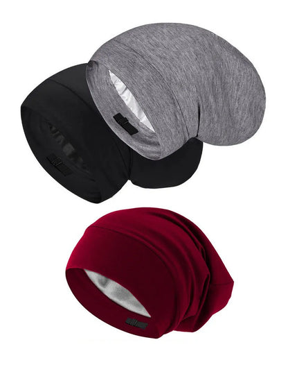 Set of satin lined bamboo beanies in black, grey, and wine red – unisex breathable sleep caps for frizz-free hair