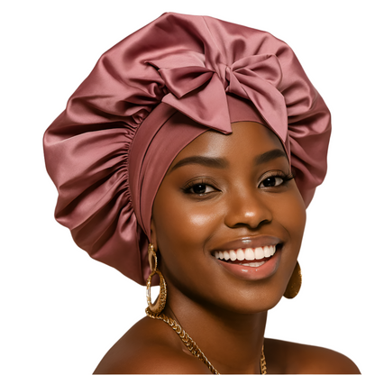 Woman wearing dark pink silk bonnet for smooth, frizz-free sleep