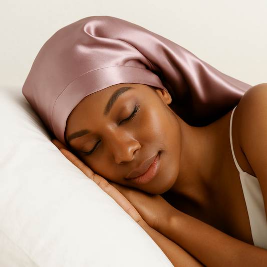 African-American woman sleeping peacefully wearing a soft pink silk sleep cap on white pillow