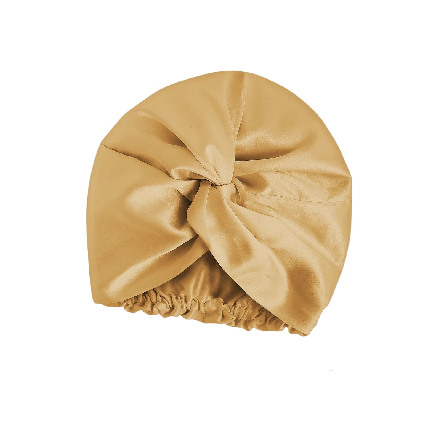 Golden champagne double-layer 100% mulberry silk sleep cap by Silkvana – luxury anti-frizz bonnet for curly and dry hair, breathable and gentle for night use.