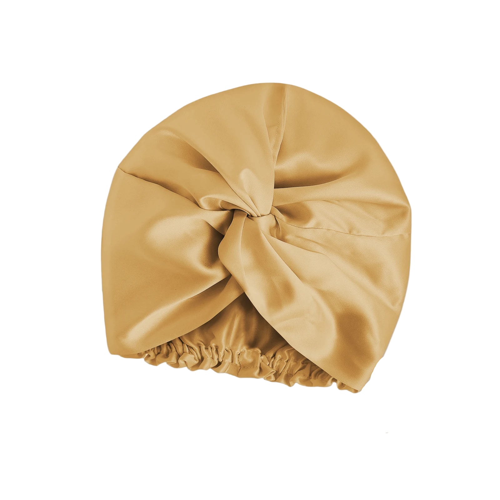 Golden champagne double-layer 100% mulberry silk sleep cap by Silkvana – luxury anti-frizz bonnet for curly and dry hair, breathable and gentle for night use.