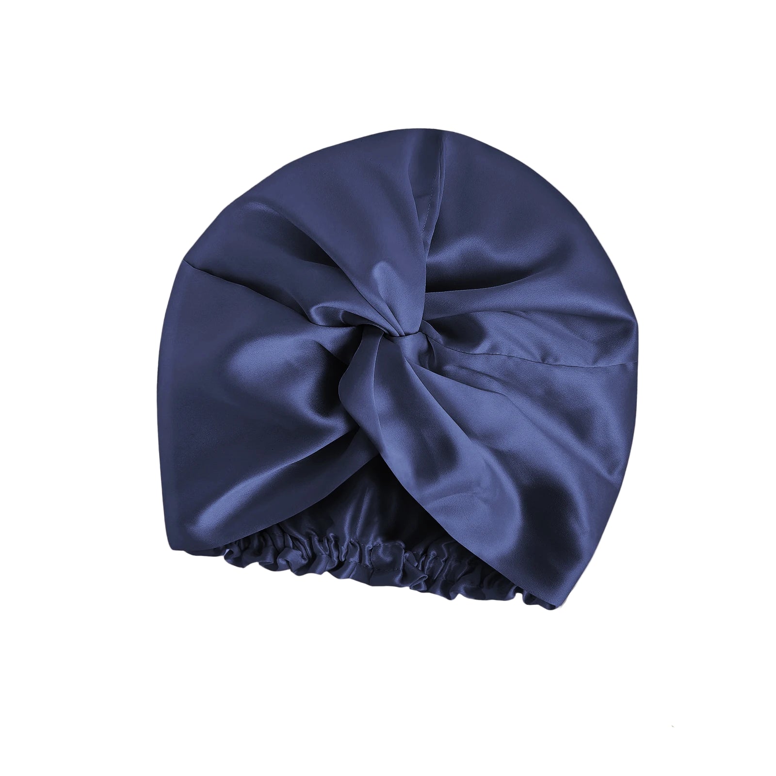 Midnight blue double-layer 100% mulberry silk sleep cap by Silkvana – elegant anti-frizz bonnet for curly and natural hair, breathable and gentle night protection.