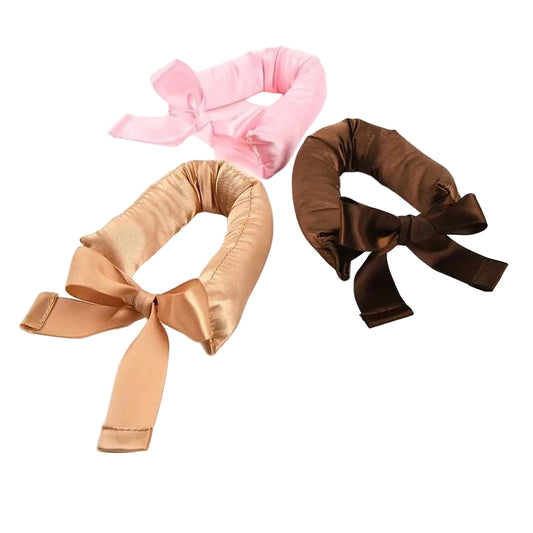 Trio Silkvana Heatless Satin Hair Curlers in Pink, Beige and Brown with elegant bows – no heat overnight curling set.