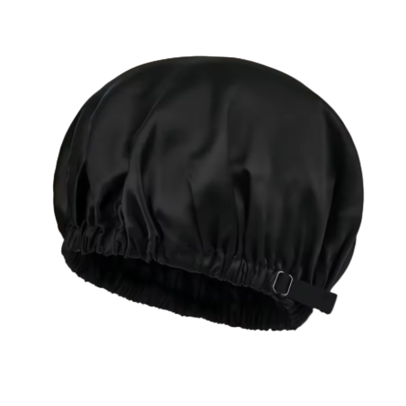 Black satin bonnet – double-layer adjustable sleep cap for frizz control and shiny healthy hair by Silkvana