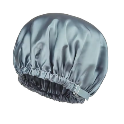 Blue-grey satin bonnet – adjustable double-layer sleep cap for frizz control and hair protection by Silkvana